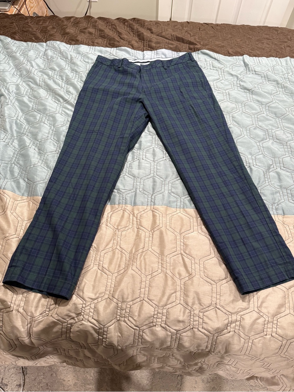 Brooks Brothers Clark Fit Chino Pants Mens 35x30 Blue Green Plaid Stretch Golf
